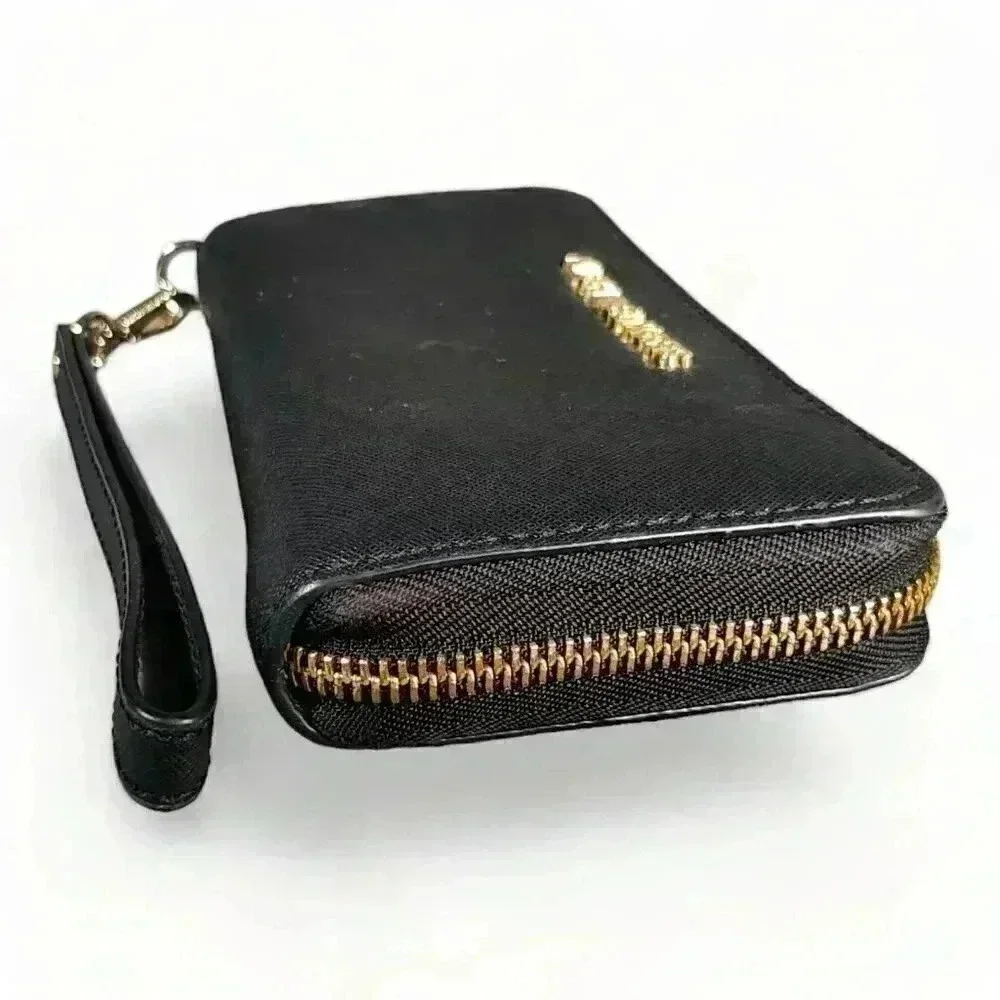 Michael Kors Zip Around Wallet Wristlet Black Leather Gold Logo